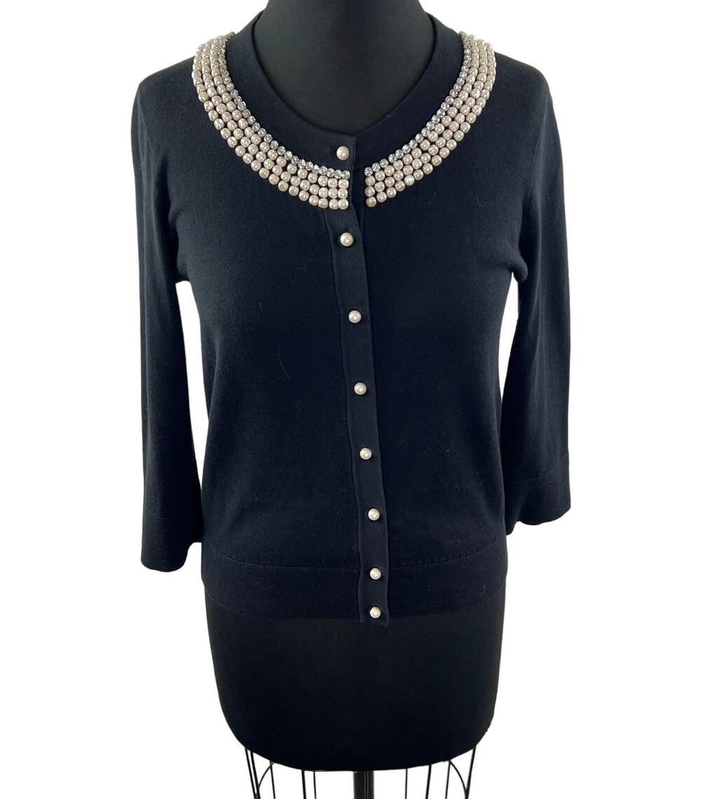 KATE SPADE Black Pearl Rhinestone Beaded Embellished Tula Cardigan Sweater Sz S